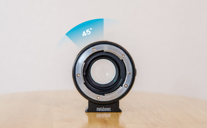 Speed Booster XL aperture ring has about 45 degress of throw