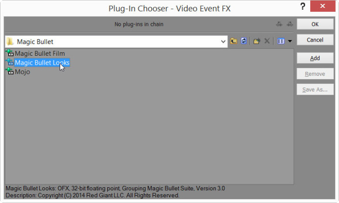 Dodaj plugin Magic Bullet Looks do Event FX