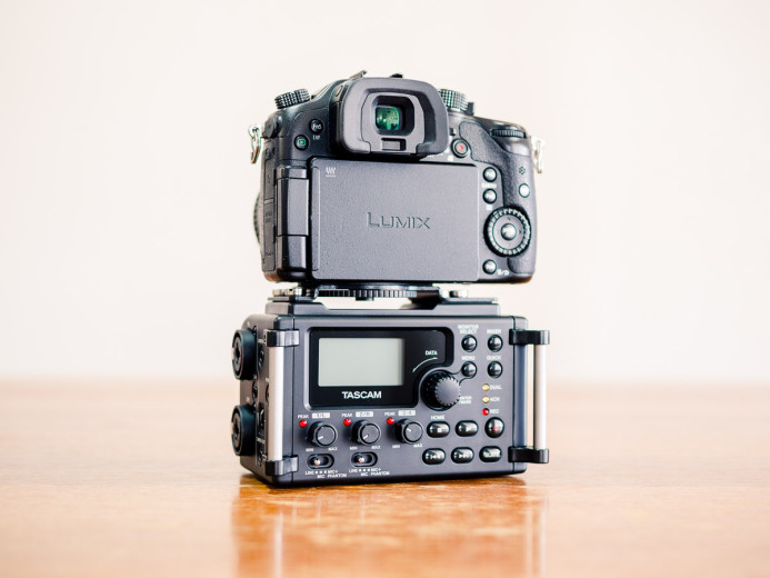 Tascam DR-60D Audio Recorder mounted under Panasonic GH4